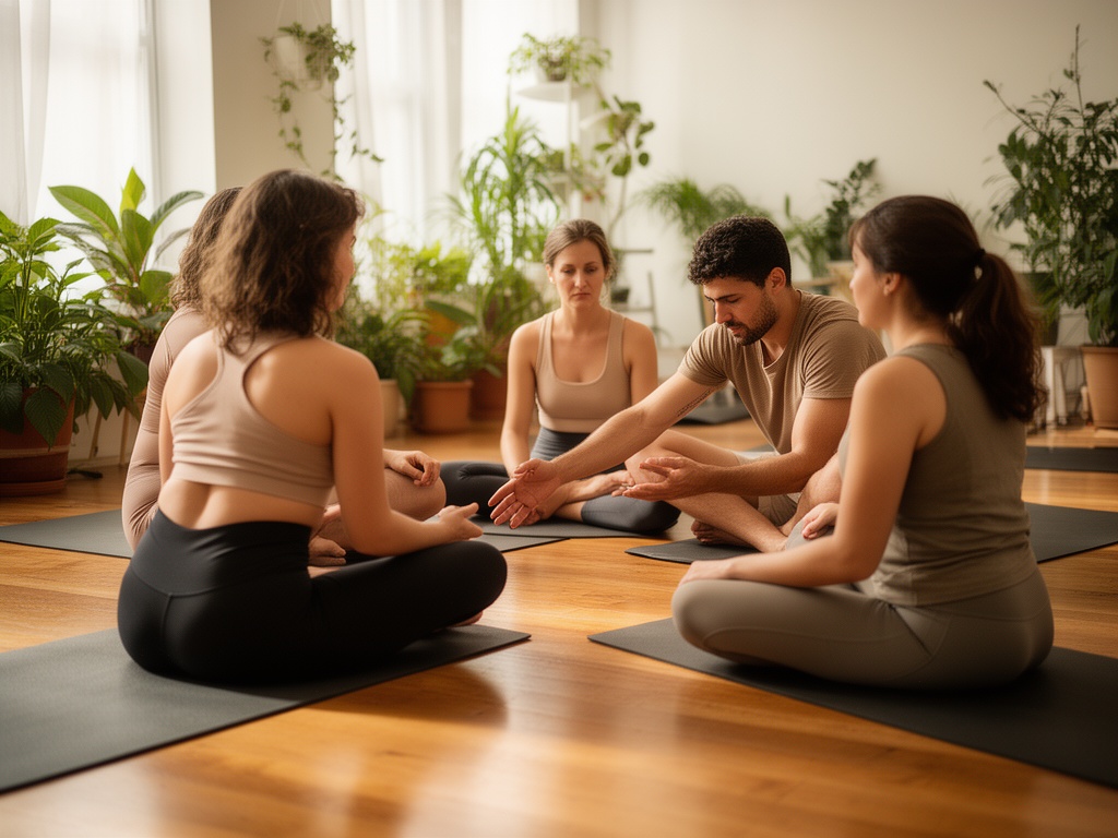 Grup mic de yoga într-un studio luminos
