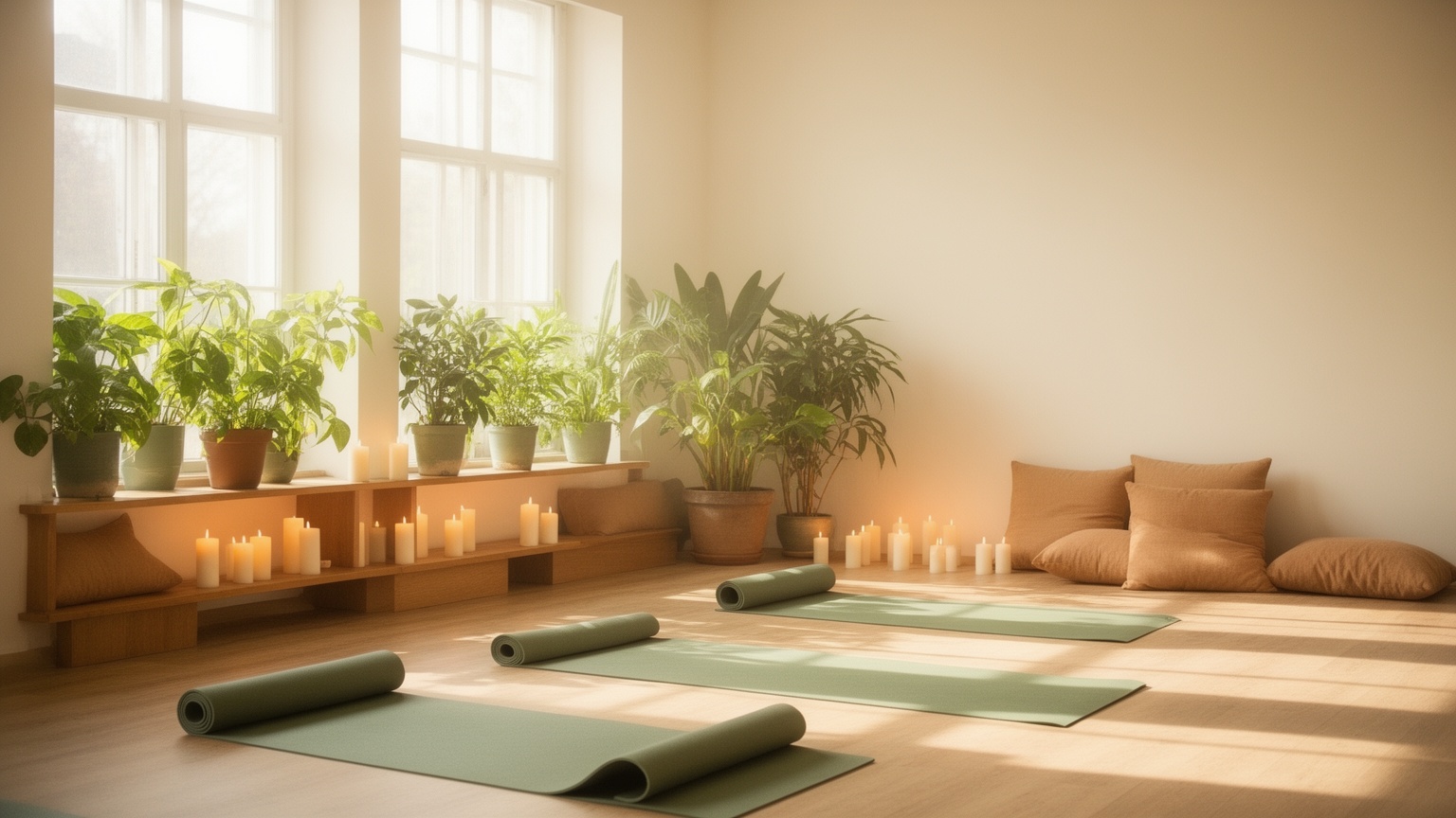 Sală de yoga luminoasă cu lumânări și plante