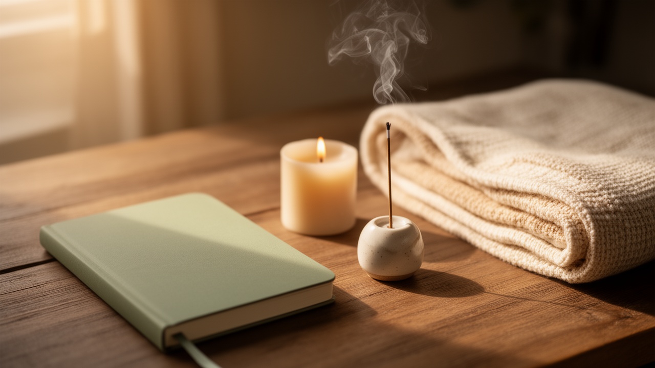 Jurnal și lumânare pe o saltea de yoga