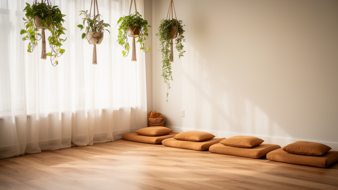 Interior studio yoga cu plante și lumină naturală