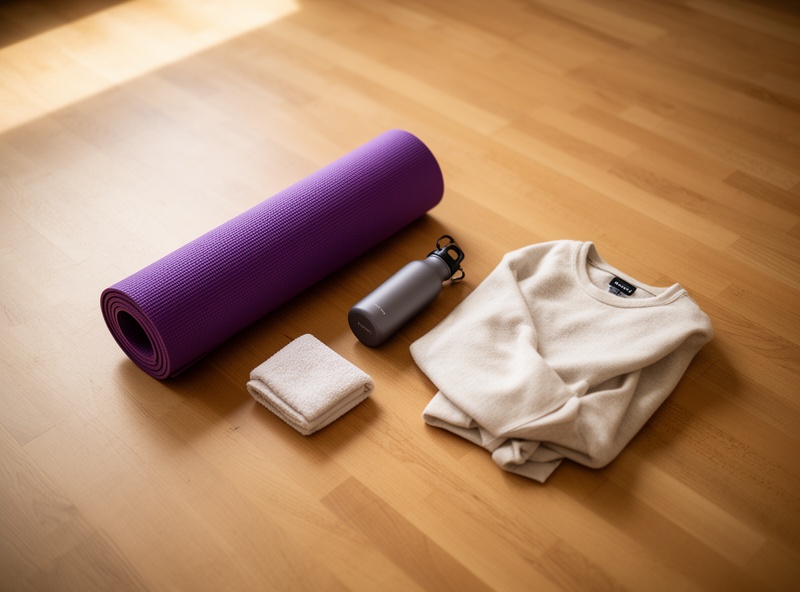 Saltea de yoga, sticlă de apă și prosop într-un studio